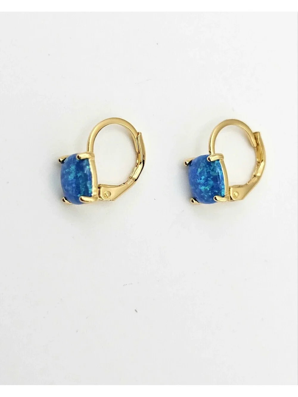 Stunning Lab Blue Fire Opal Earrings Gold-plated Leverback Huggies